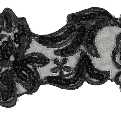 Black Floral Sequined and Embroidered Mesh Trim - 3" Detail