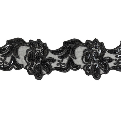 Black Floral Sequined and Embroidered Mesh Trim - 3"