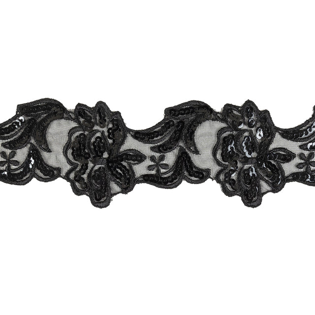 Black Floral Sequined and Embroidered Mesh Trim - 3"