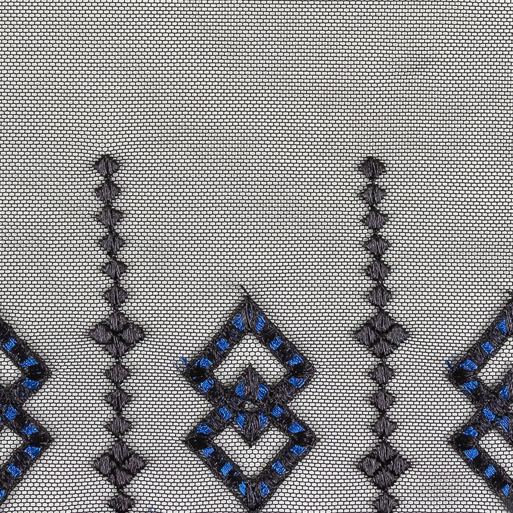 Black and Estate Blue Diamonds Embroidered Mesh Lace Trim with Finished Scalloped Edge and Ribbon Insertion - 8" Detail