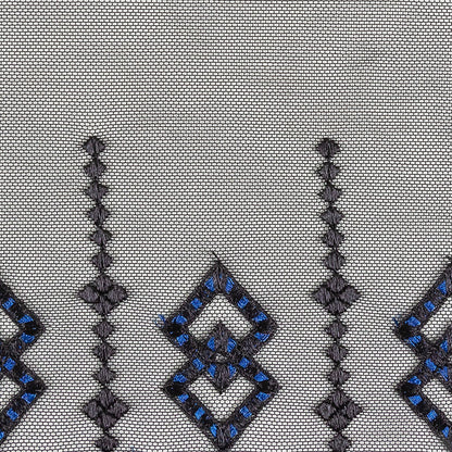 Black and Estate Blue Diamonds Embroidered Mesh Lace Trim with Finished Scalloped Edge and Ribbon Insertion - 8" Detail