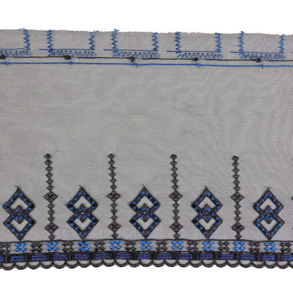 Black and Estate Blue Diamonds Embroidered Mesh Lace Trim with Finished Scalloped Edge and Ribbon Insertion - 8"
