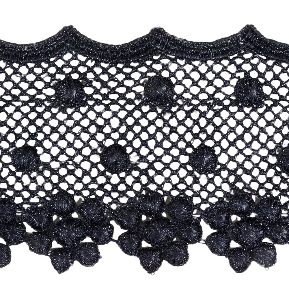 Navy Dimensional Flowers and Net Venise Lace Trim - 2.875" Detail