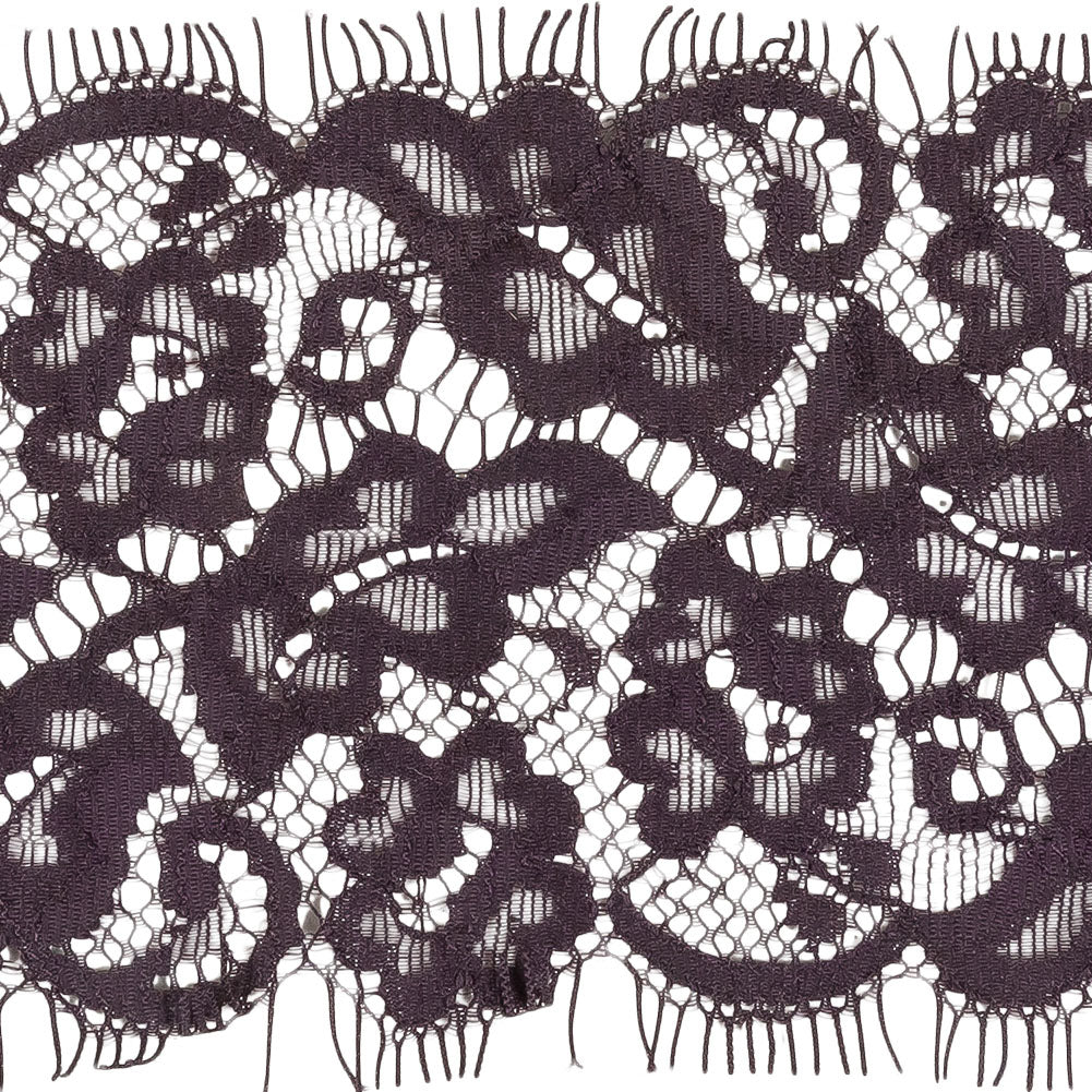 Plum Perfect Flowers and Leaves Lace Trim with Eyelash Fringe - 3.25" Detail