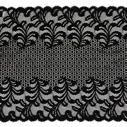 Black Circles and Leaves Stretch Lace Trim with Scalloped Edges - 9.5"