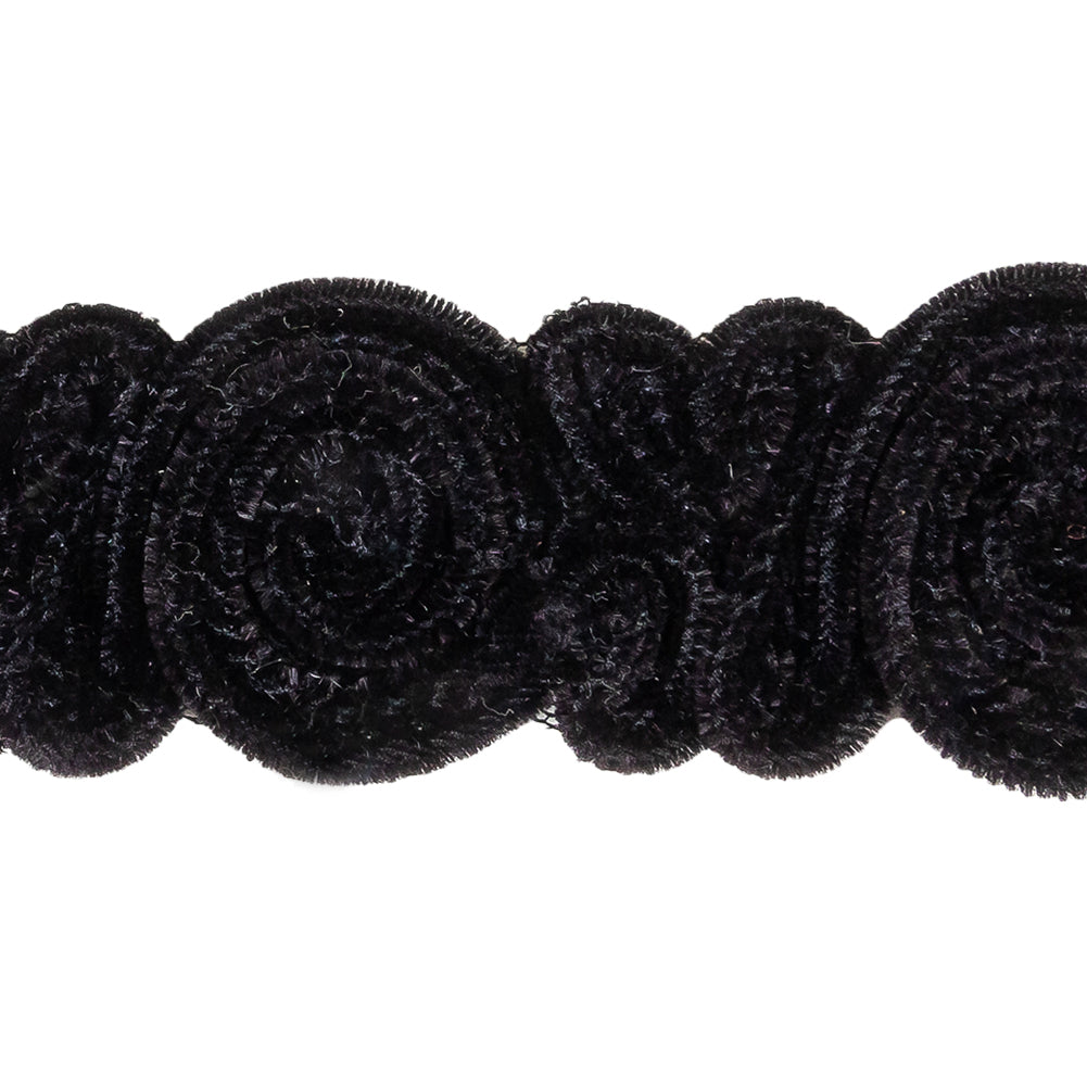 Black Plush Roses Chenille Trim on Mesh Backing - 1.625" Detail