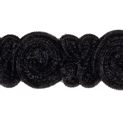 Black Plush Roses Chenille Trim on Mesh Backing - 1.625" Detail