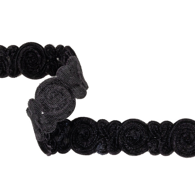 Black Plush Roses Chenille Trim on Mesh Backing - 1.625"
