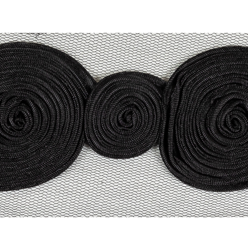 Black Tight Spiral Fabric Roses Trim on Mesh - 2" Detail