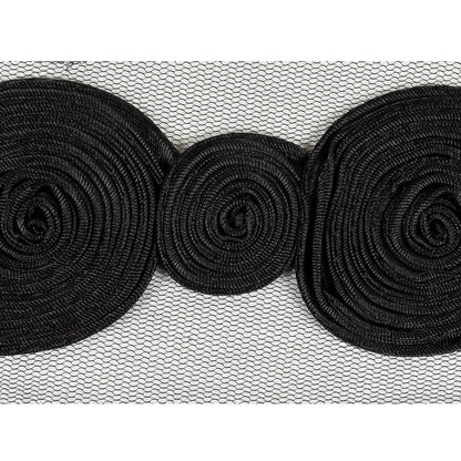 Black Tight Spiral Fabric Roses Trim on Mesh - 2" Detail