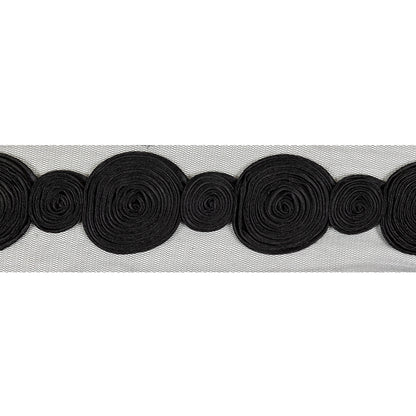 Black Tight Spiral Fabric Roses Trim on Mesh - 2"