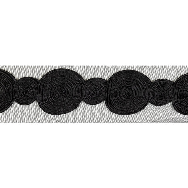 Black Tight Spiral Fabric Roses Trim on Mesh - 2"