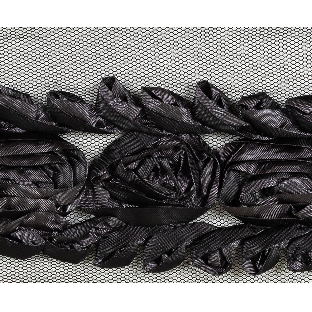 Shimmering Charcoal and Black Roses and Loops Fabric Embroidered Trim on Mesh - 1.875" Detail