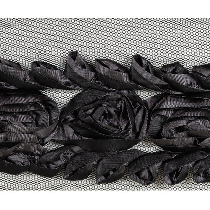 Shimmering Charcoal and Black Roses and Loops Fabric Embroidered Trim on Mesh - 1.875" Detail