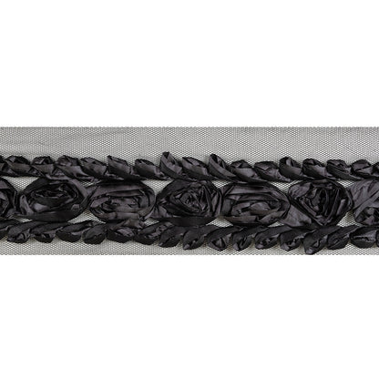 Shimmering Charcoal and Black Roses and Loops Fabric Embroidered Trim on Mesh - 1.875"