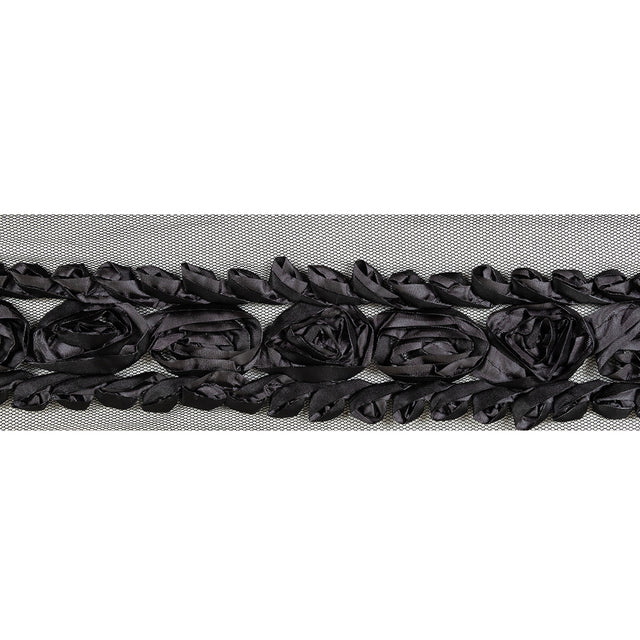 Shimmering Charcoal and Black Roses and Loops Fabric Embroidered Trim on Mesh - 1.875"