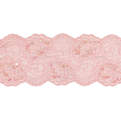 Pink Floral Beaded and Sequined Stretch Lace Trim with Finished Scalloped Edges - 3.5"