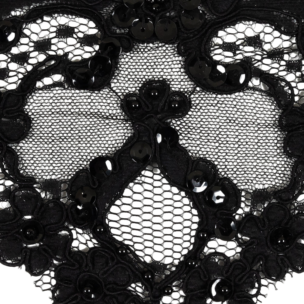 Black Floral Pennants Sequined Corded Lace Trim - 5.5" Detail