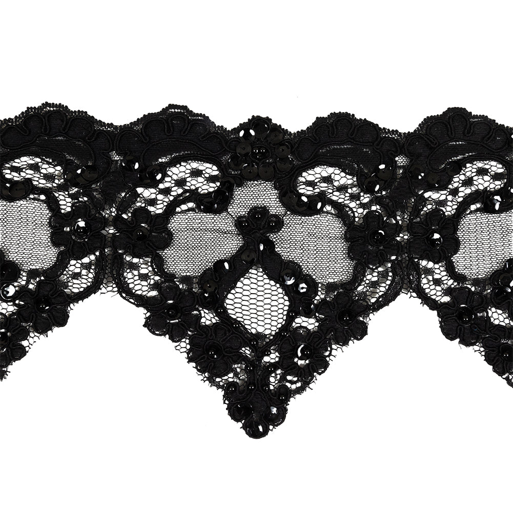 Black Floral Pennants Sequined Corded Lace Trim - 5.5"
