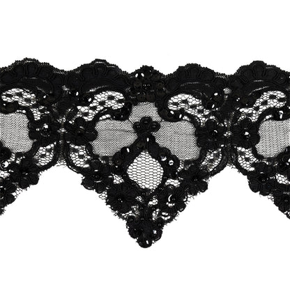 Black Floral Pennants Sequined Corded Lace Trim - 5.5"