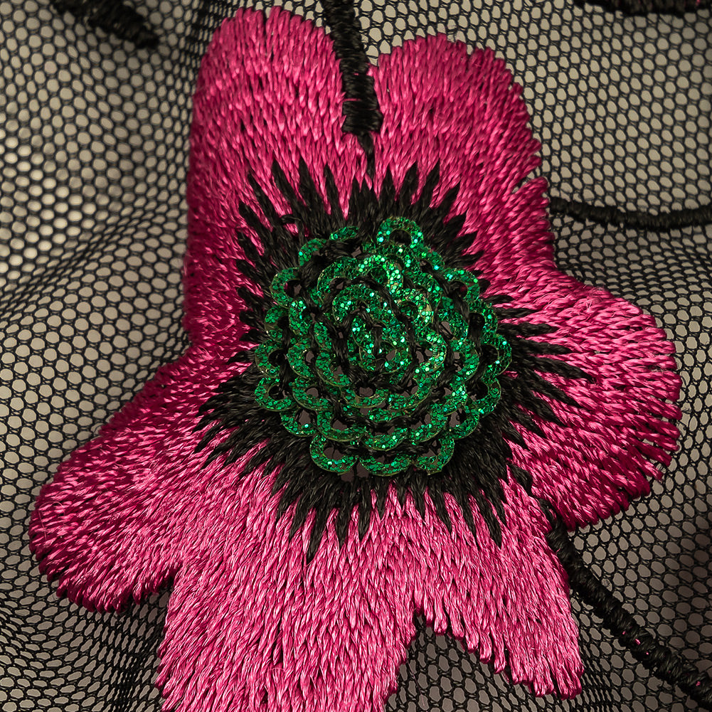 Pink, Emerald and Black Embroidered and Sequined Floral Polyester Mesh Detail