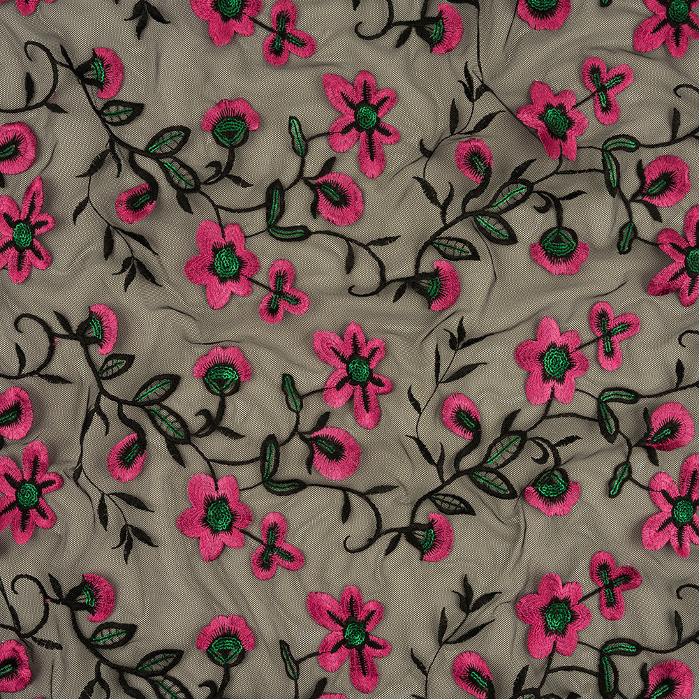 Pink, Emerald and Black Embroidered and Sequined Floral Polyester Mesh
