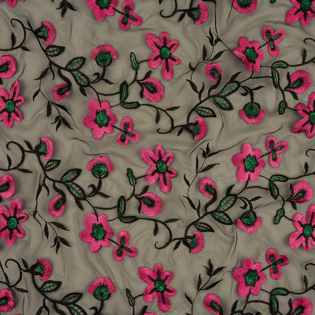 Pink, Emerald and Black Embroidered and Sequined Floral Polyester Mesh