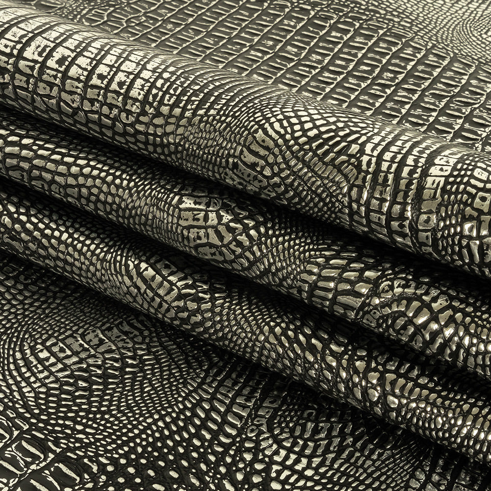 Metallic Crocodile Embossed Vinyl - Black and Silver - Twain Collection Folded