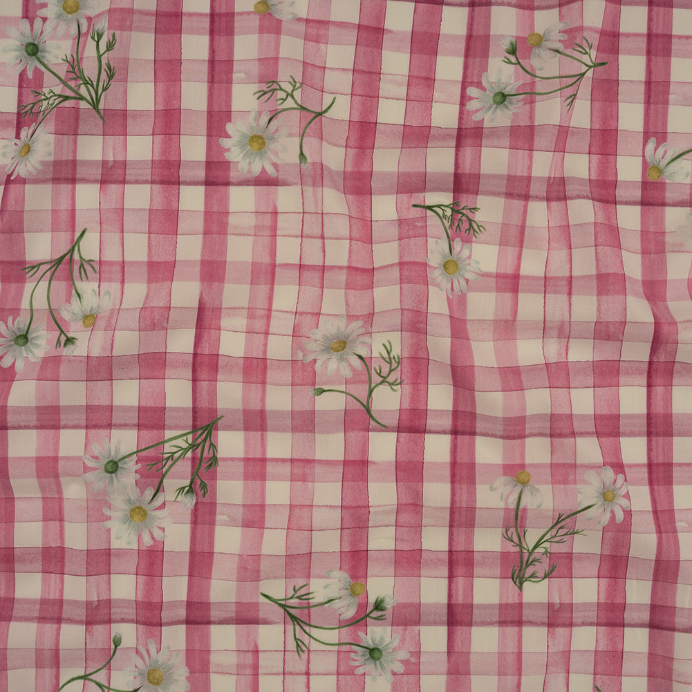 Cotton Poplin Print - Fuchsia Pink Gingham and Floral - Mood Exclusive Daisy Chain