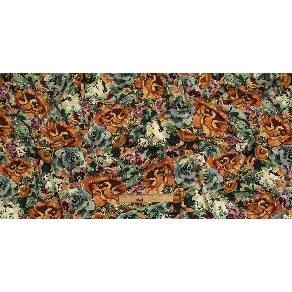 Stretch Cotton and Viscose Sateen Print - Green, Orange and Purple Painterly Floral - Mood Exclusive Cluttered Canvas Folded
