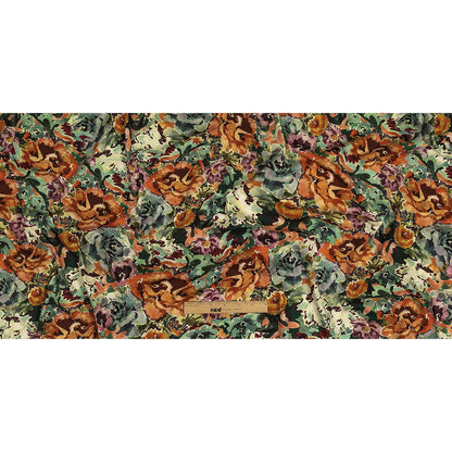 Stretch Cotton and Viscose Sateen Print - Green, Orange and Purple Painterly Floral - Mood Exclusive Cluttered Canvas Folded