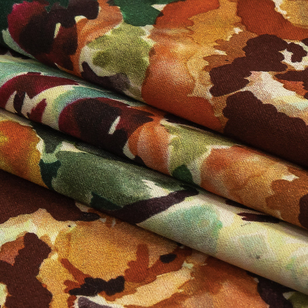 Stretch Cotton and Viscose Sateen Print - Green, Orange and Purple Painterly Floral - Mood Exclusive Cluttered Canvas Detail