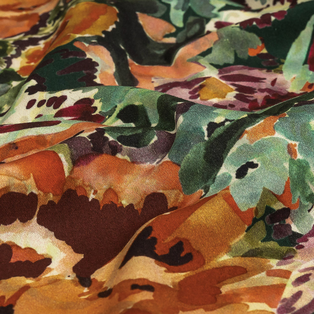Stretch Cotton and Viscose Sateen Print - Green, Orange and Purple Painterly Floral - Mood Exclusive Cluttered Canvas Full