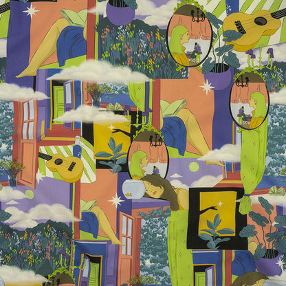 Stretch Cotton Poplin Print - Purple and Lime Relaxing Vignettes - Mood Exclusive Unplugged