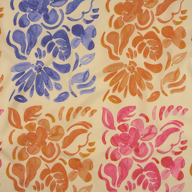 Stretch Cotton Poplin Print - Orange, Blue and Pink Flower Blocks - Mood Exclusive Romantic Inclinations