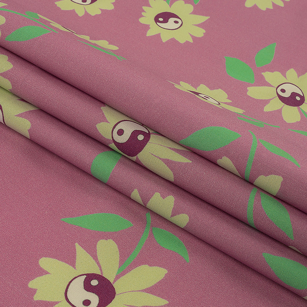 Stretch Cotton Poplin Print - Pink and Yellow Yin Yang Flowers - Mood Exclusive Groovy Baby Folded