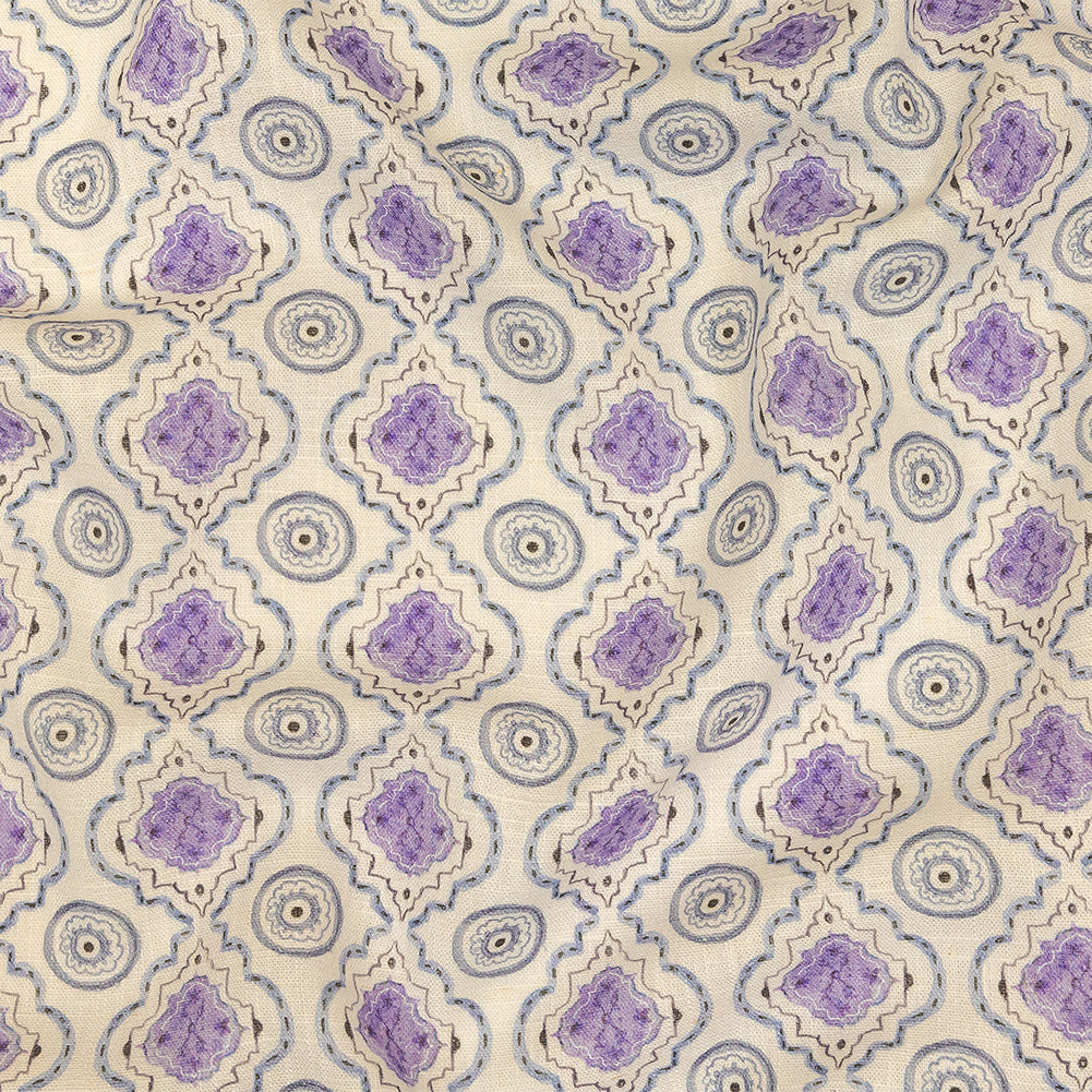 Viscose and Linen Woven Print - Blue and Purple Tiles - Mood Exclusive Alhambra