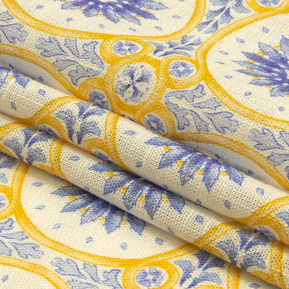 Viscose and Linen Woven Print - Violet Storm and Yellow Floral Tiles - Mood Exclusive Sao Bento Folded