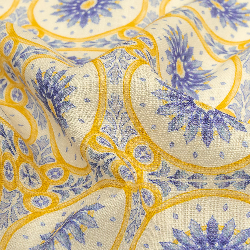 Viscose and Linen Woven Print - Violet Storm and Yellow Floral Tiles - Mood Exclusive Sao Bento Detail