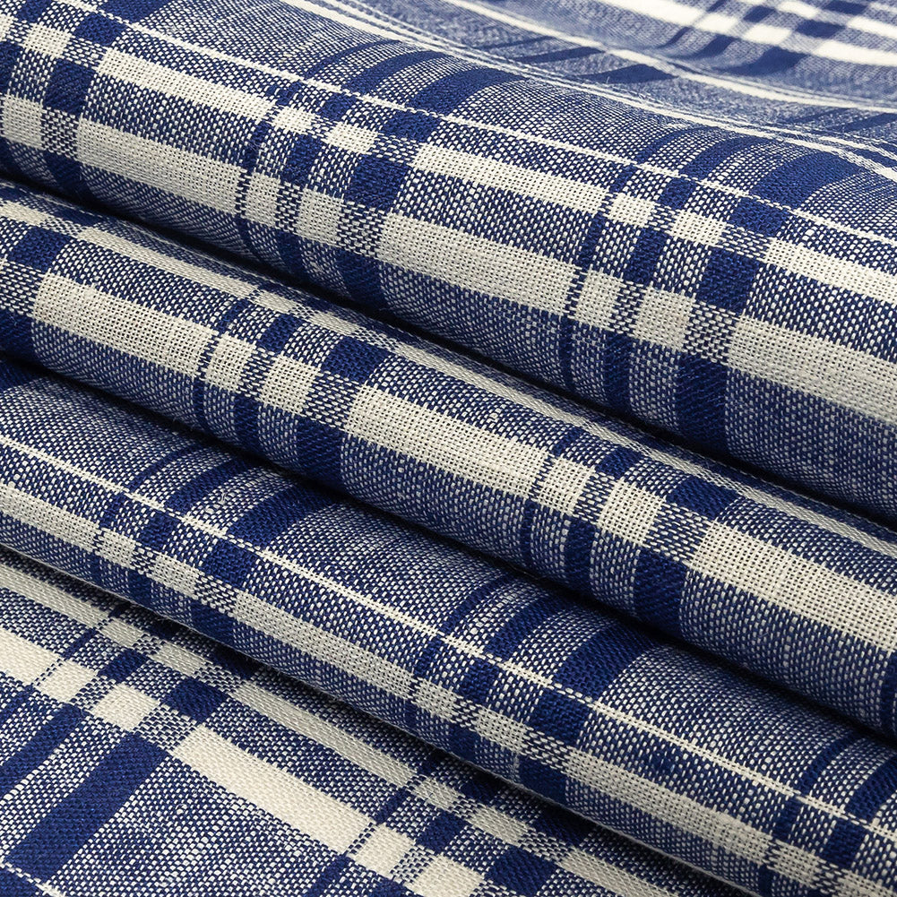 Navy Peony and White Plaid Medium Weight Linen Woven Folded