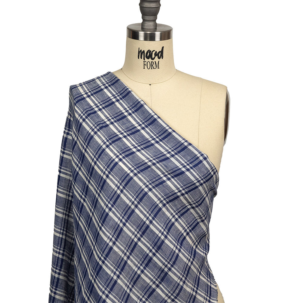 Navy Peony and White Plaid Medium Weight Linen Woven Drape