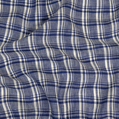 Navy Peony and White Plaid Medium Weight Linen Woven