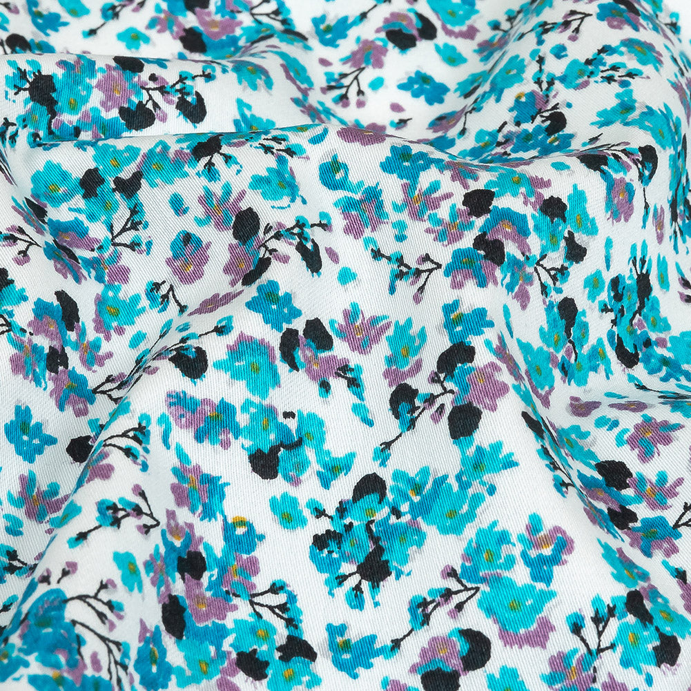 Turquoise, Lilac, and White Tiny Flowers Cotton Shirting Detail