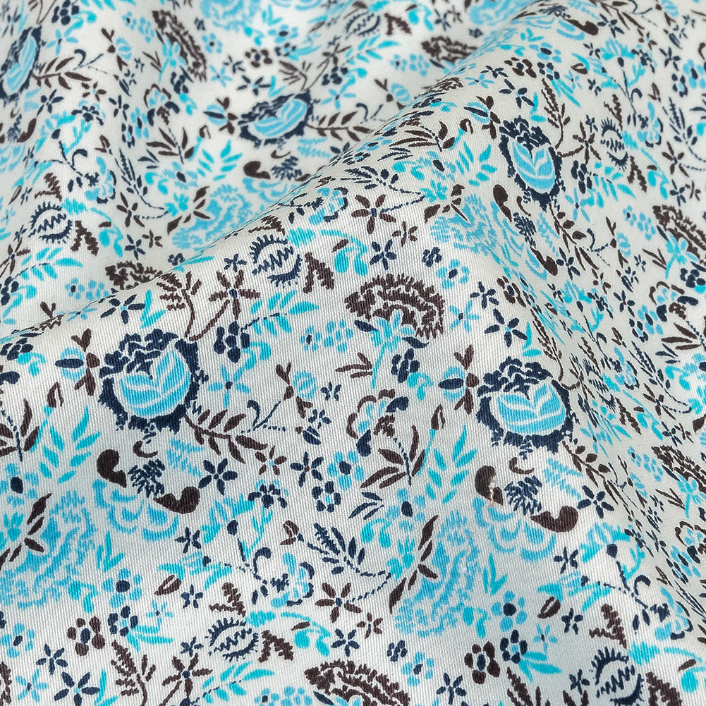 Turquoise, Blue Indigo and Umber Floral Cotton Sateen Detail
