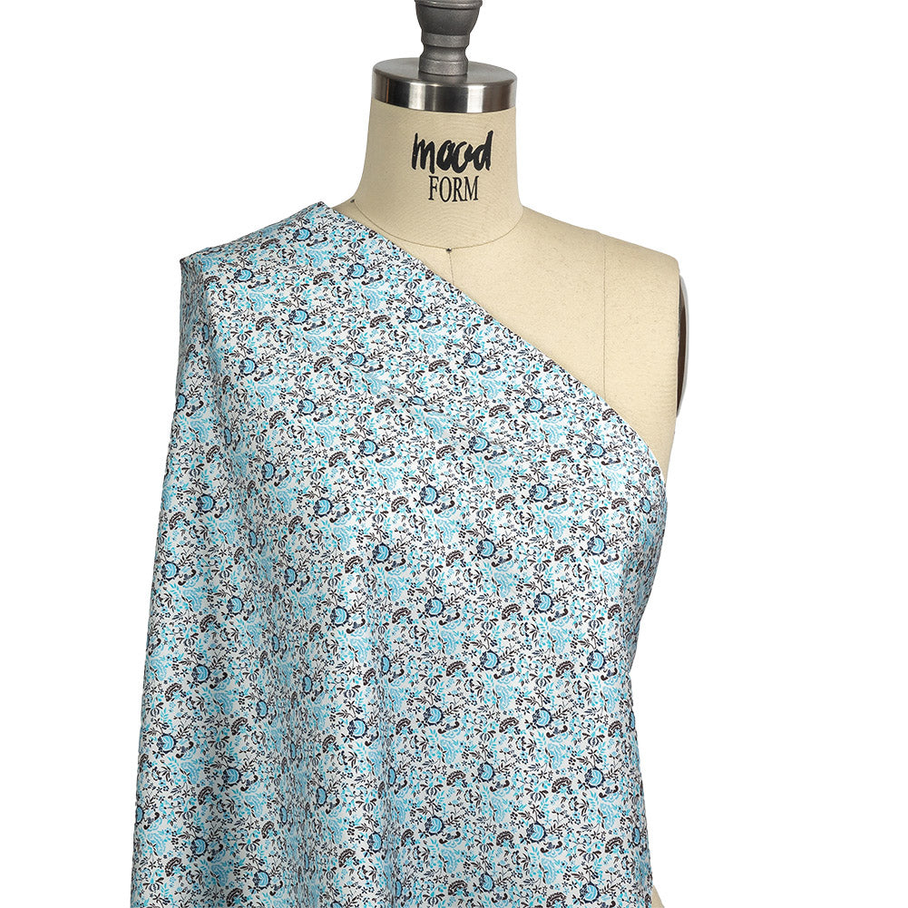 Turquoise, Blue Indigo and Umber Floral Cotton Sateen Drape