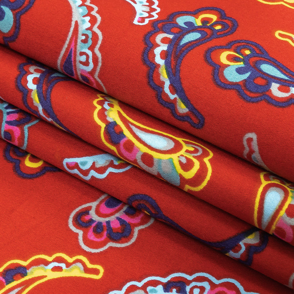 Red, Blue and Yellow Simple Paisley Cotton Shirting Folded