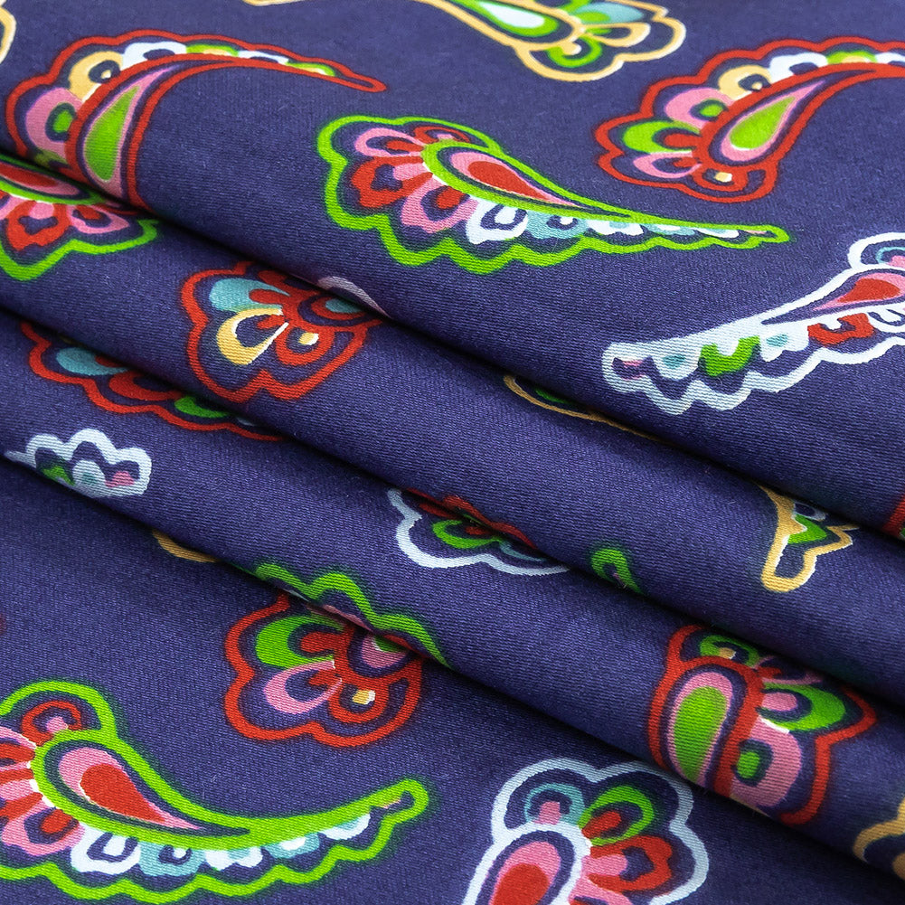 Blue, Red and Lime Simple Paisley Cotton Shirting Folded