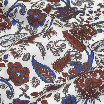 Earth Red, Bright Cobalt and Vapor Blue Floral Stems Cotton Sateen Detail
