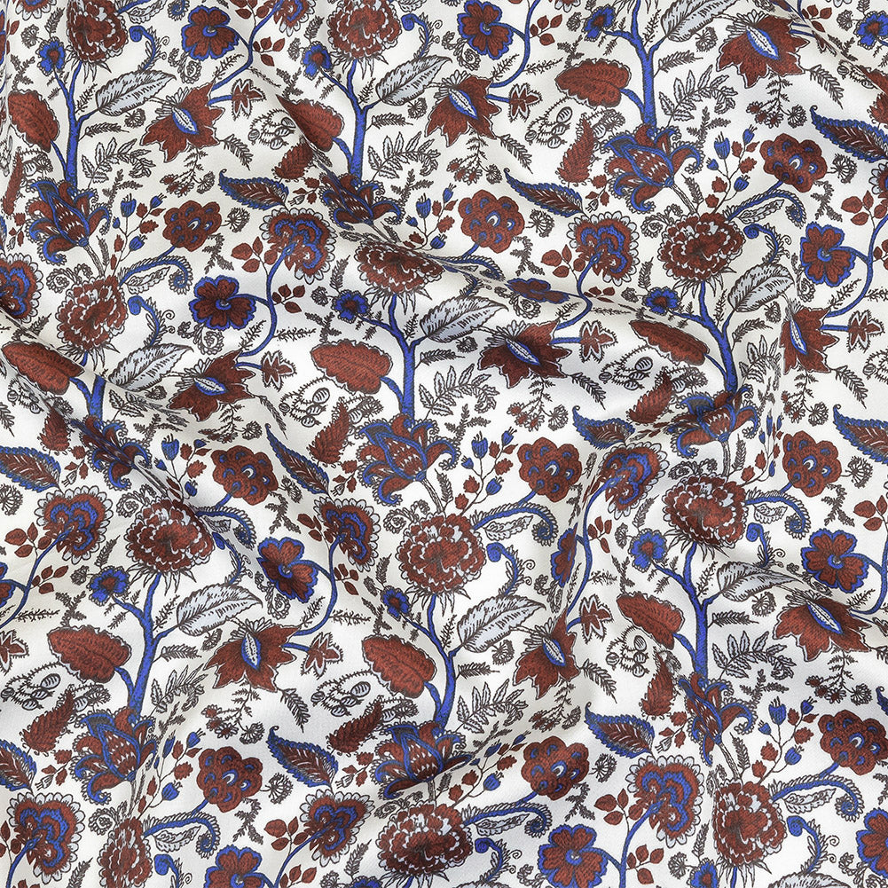 Earth Red, Bright Cobalt and Vapor Blue Floral Stems Cotton Sateen