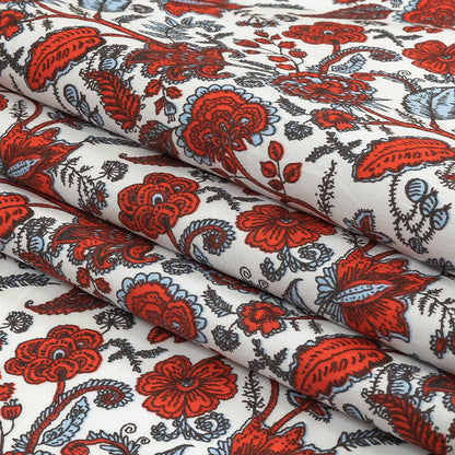 Poinciana, Crystal Blue and Snow White Floral Stems Cotton Sateen Folded